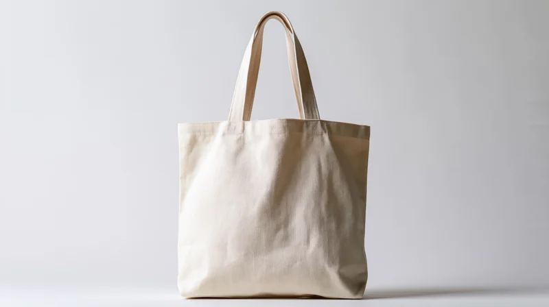 Plain natural canvas tote bag standing upright on white background