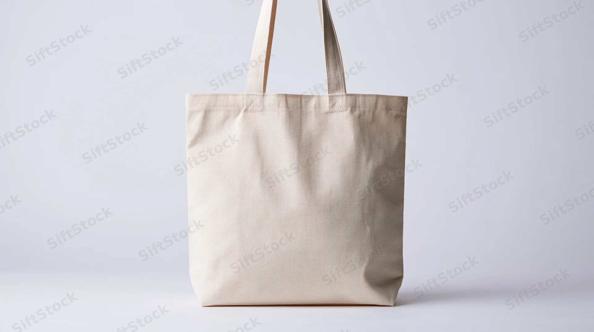 Plain natural canvas tote bag standing upright on white background
