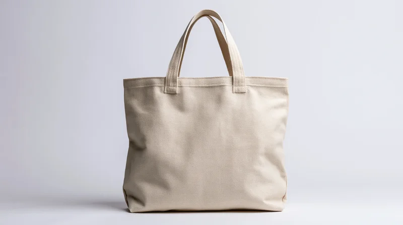 Plain natural canvas tote bag with two handles on white background