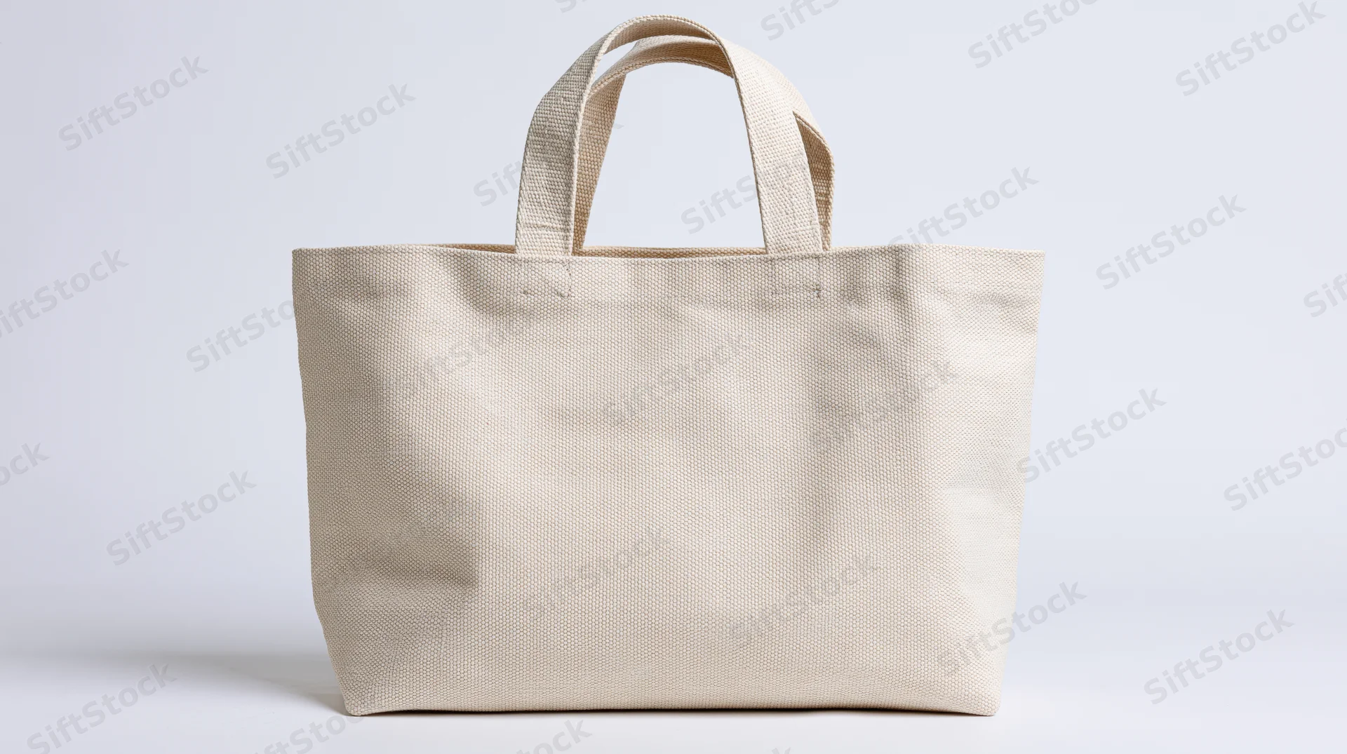 Plain natural canvas tote bag with two shoulder handles on white background