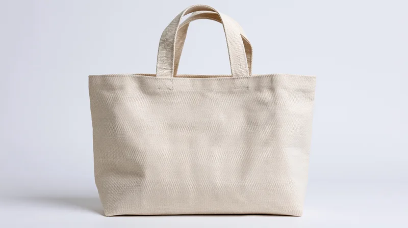 Plain natural canvas tote bag with two shoulder handles on white background