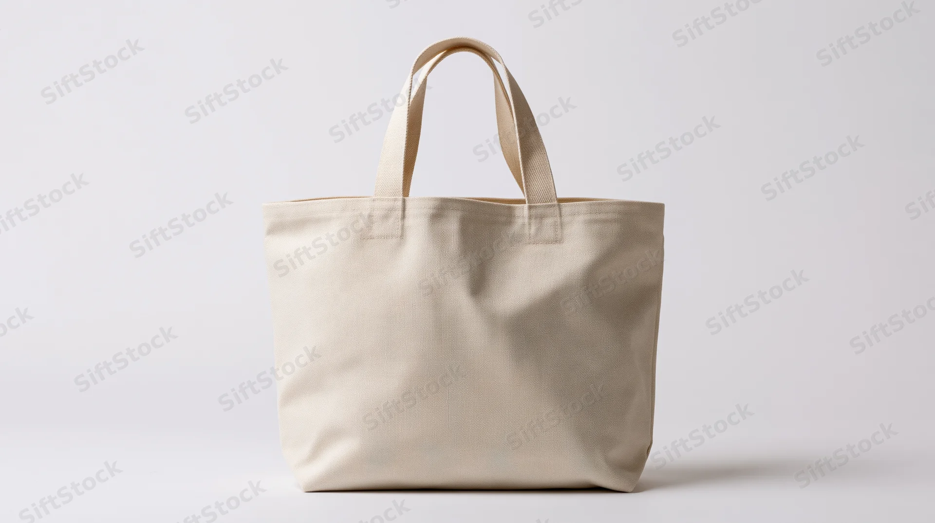 Plain off-white canvas tote bag standing upright with two fabric handles on white background