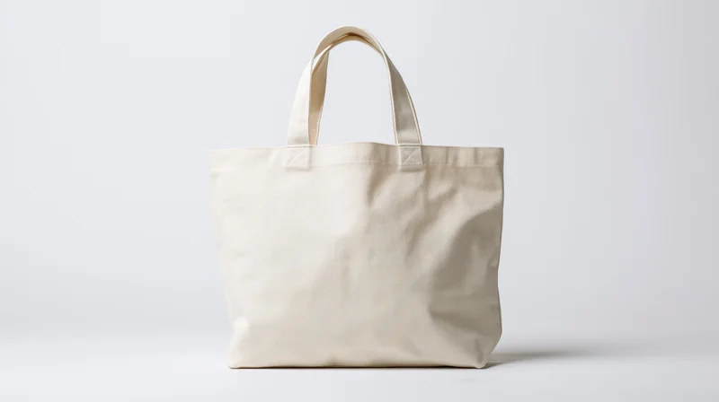 Off-white canvas tote bag standing upright on white background