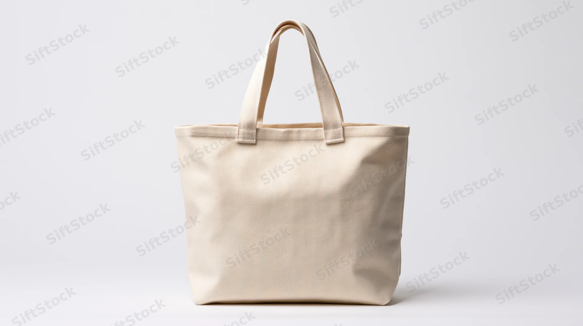 Off-white canvas tote bag standing upright on white background
