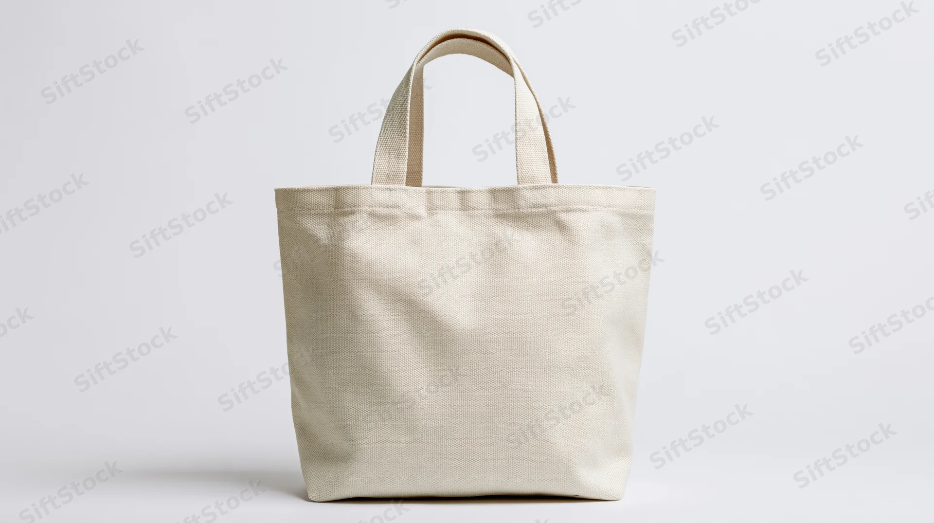 Off-white canvas tote bag standing upright on white background with blank surface for branding