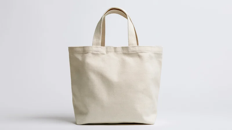 Off-white canvas tote bag standing upright on white background with blank surface for branding