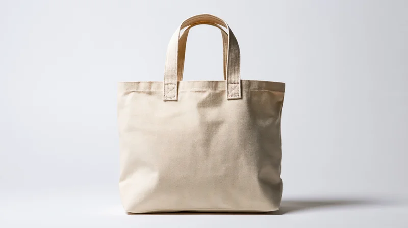 Plain canvas tote bag standing upright on white background