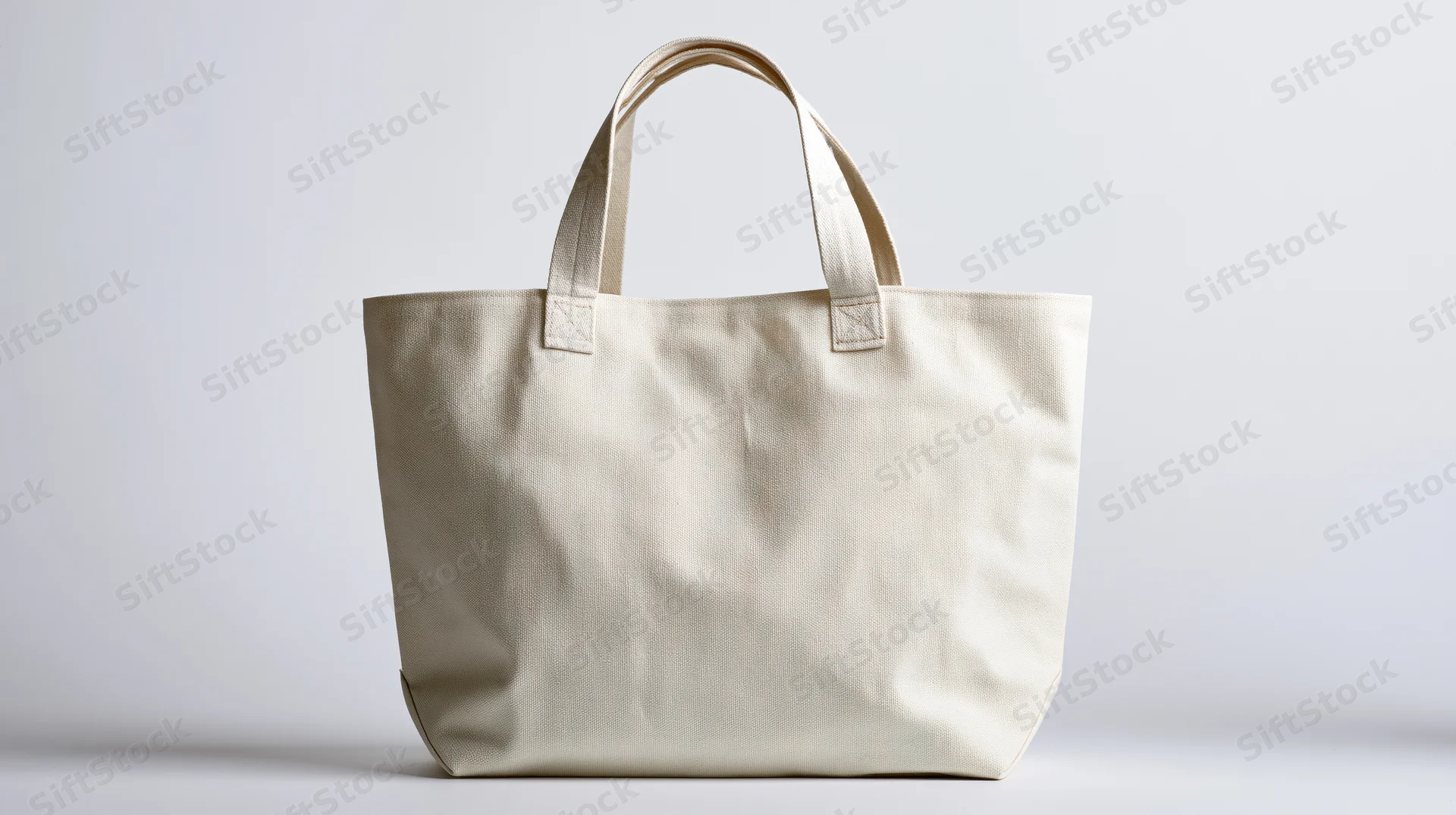 Plain white canvas tote bag standing upright on a white surface