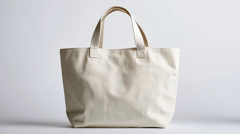Plain white canvas tote bag standing upright on a white surface