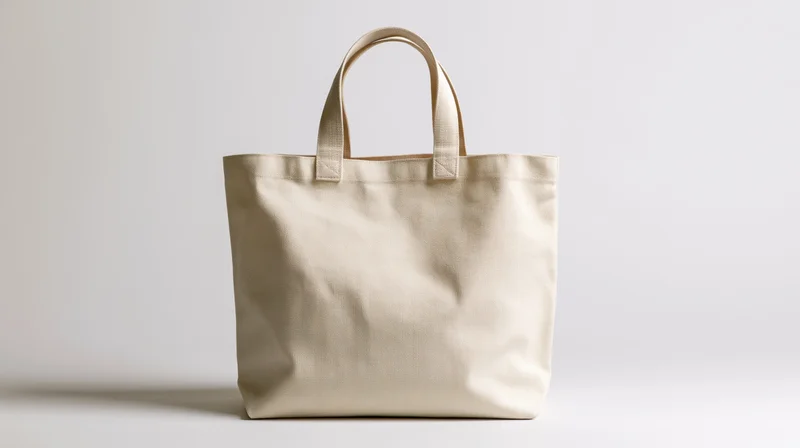 Plain canvas tote bag standing upright on white background