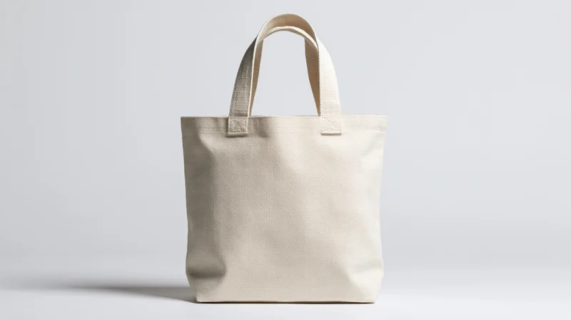 Plain canvas tote bag standing upright on white background
