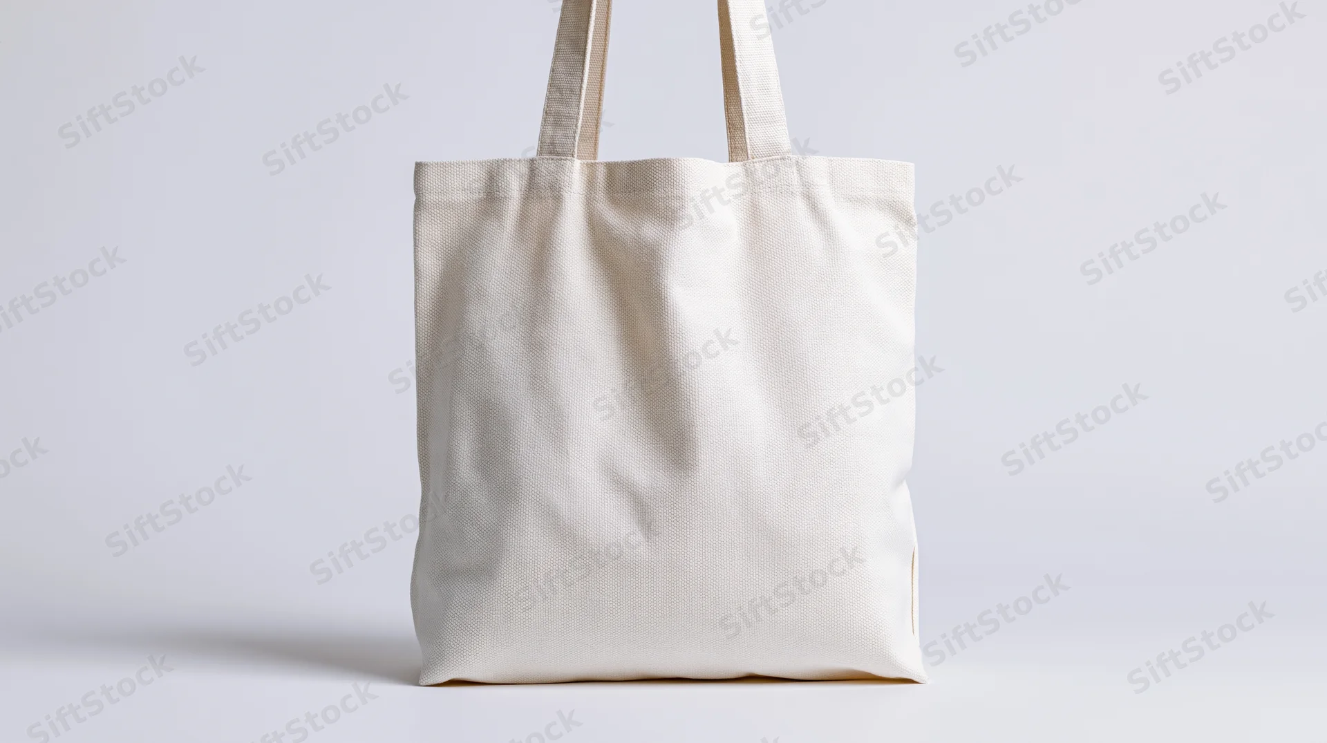 Plain white canvas tote bag standing upright centered against a white background