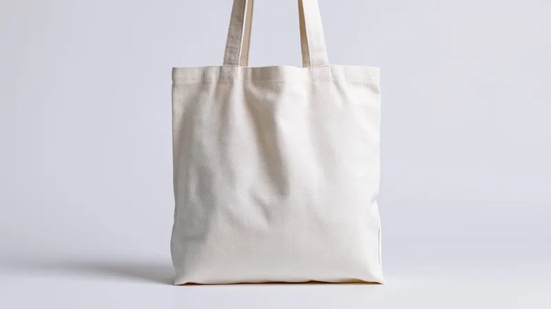 Plain white canvas tote bag standing upright centered against a white background
