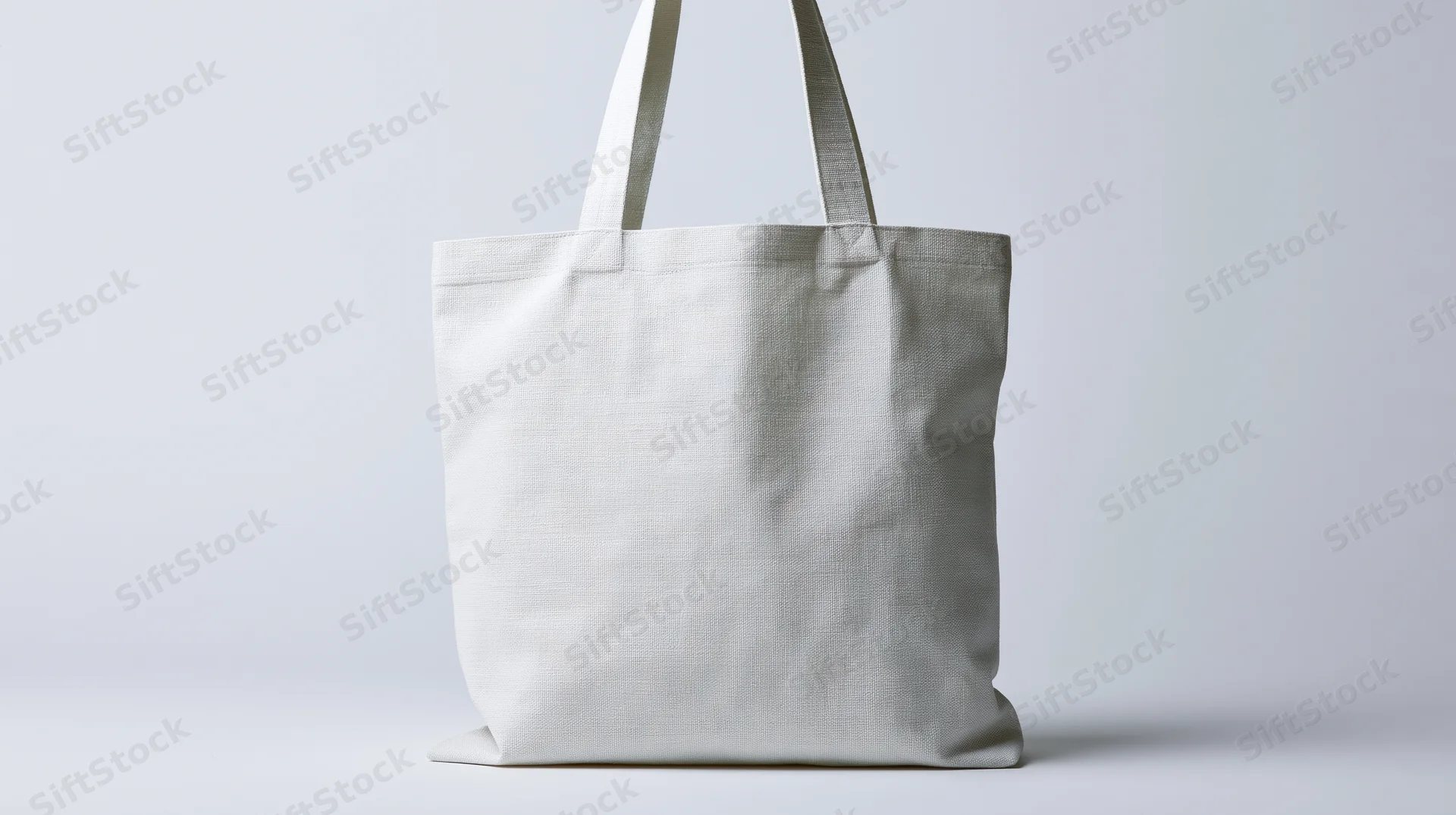 Plain white canvas tote bag standing upright centered against a seamless white background