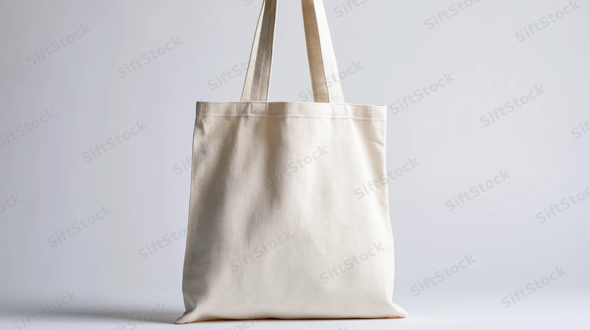 Plain white canvas tote bag standing upright centered against a white background