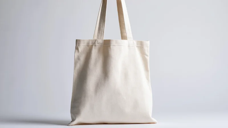 Plain white canvas tote bag standing upright centered against a white background