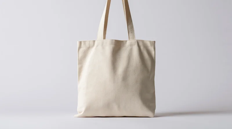 Plain white canvas tote bag standing upright centered against a white background