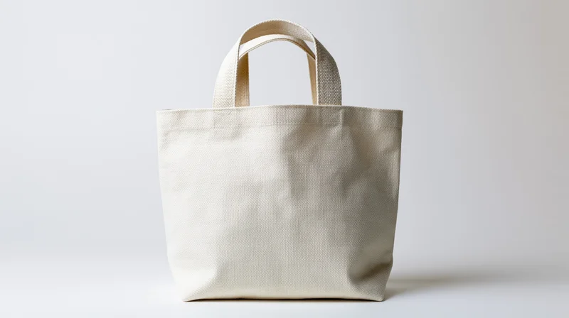 Plain white canvas tote bag standing upright on a white surface
