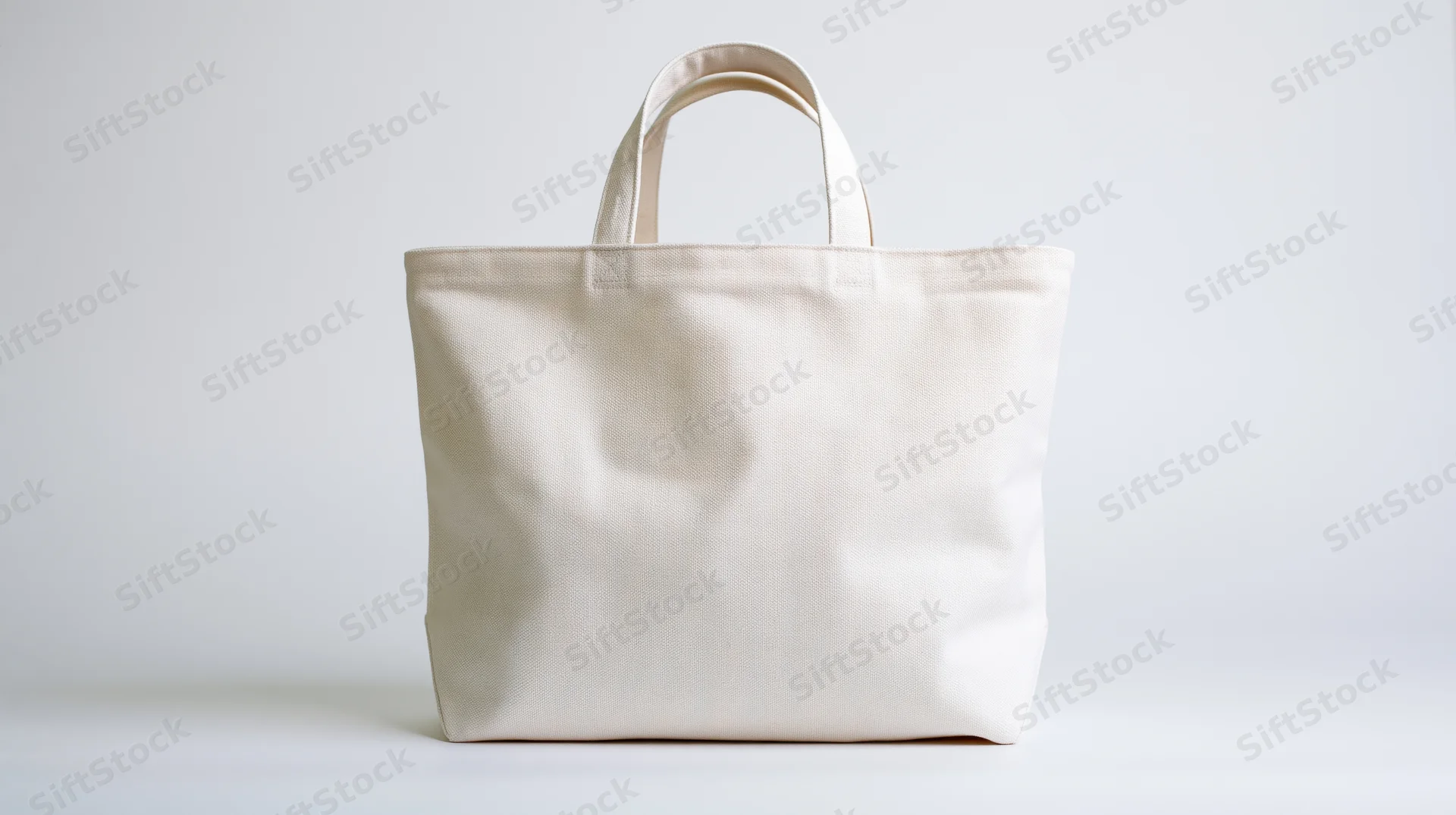 Plain white canvas tote bag standing upright on white surface