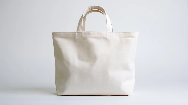 Plain white canvas tote bag standing upright on white surface