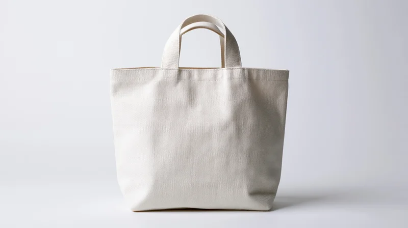 Plain white canvas tote bag standing upright on a white surface
