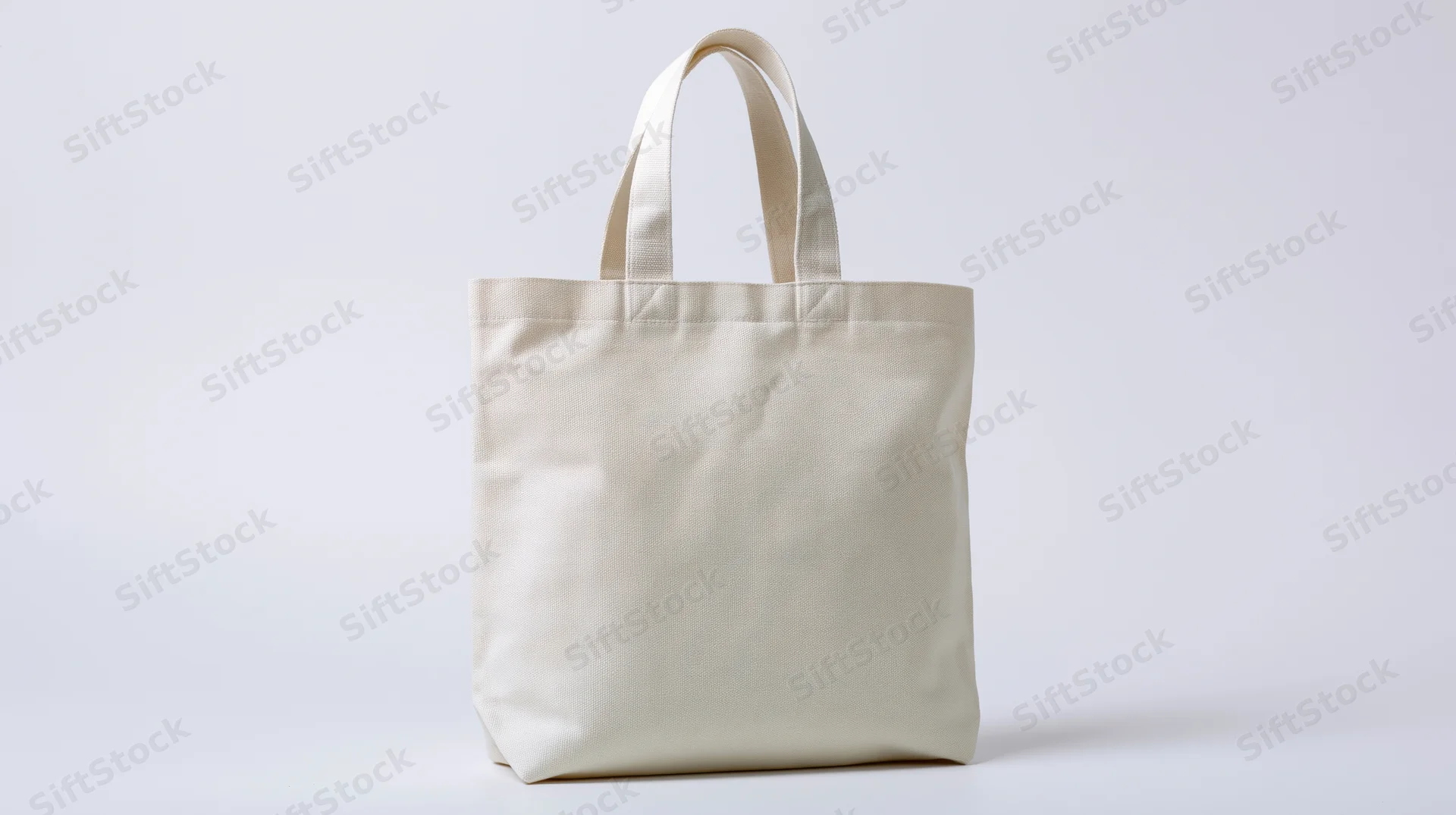 Plain white canvas tote bag standing upright on white surface