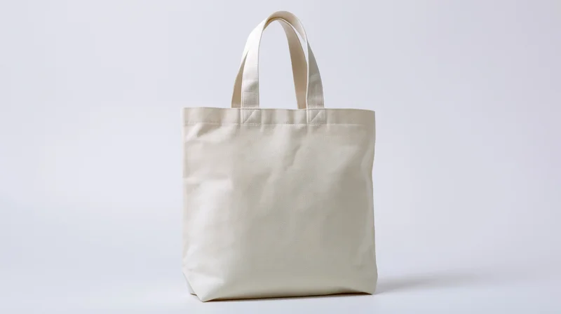 Plain white canvas tote bag standing upright on white surface