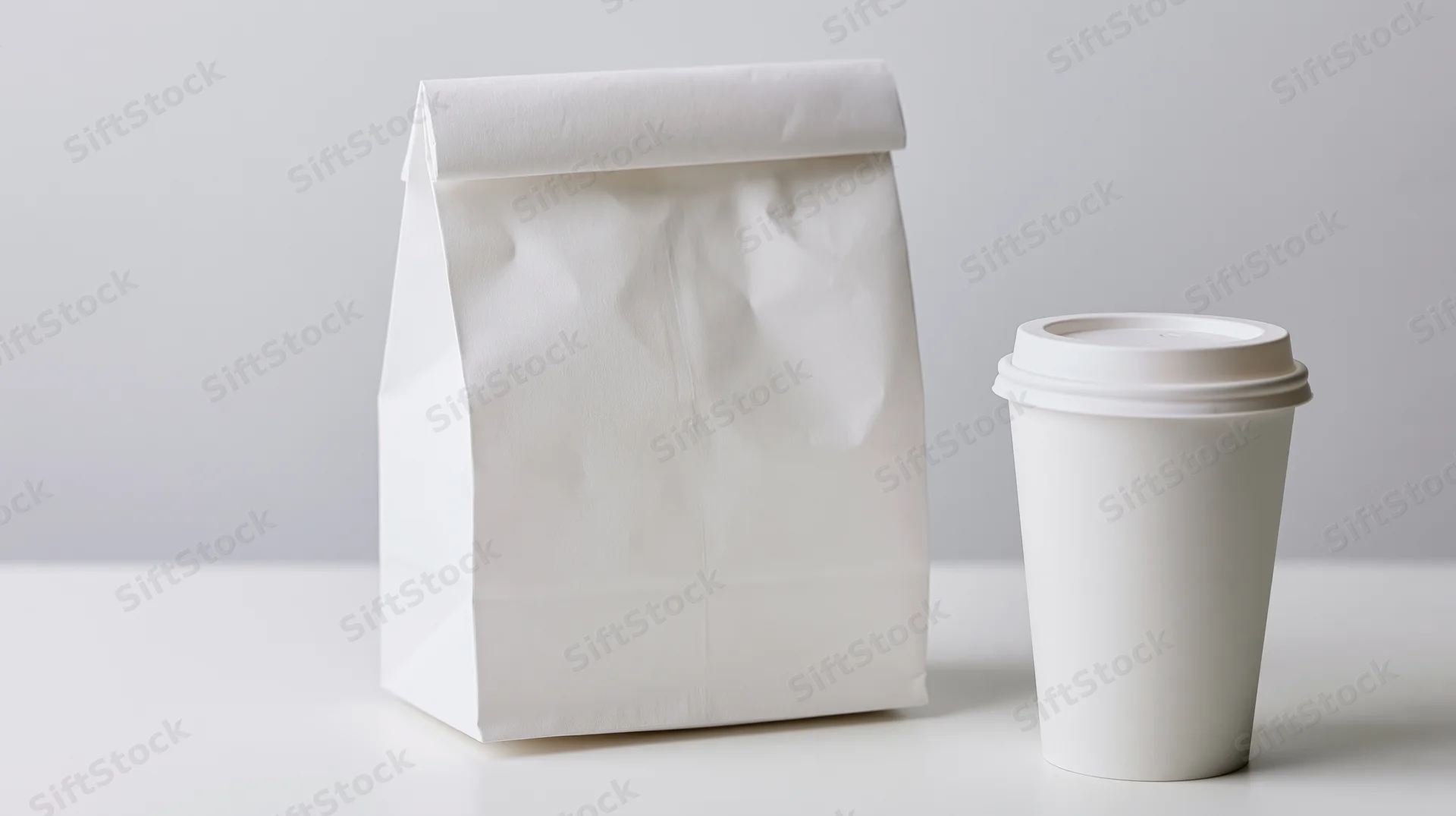 White paper takeout bag and coffee cup on a plain surface