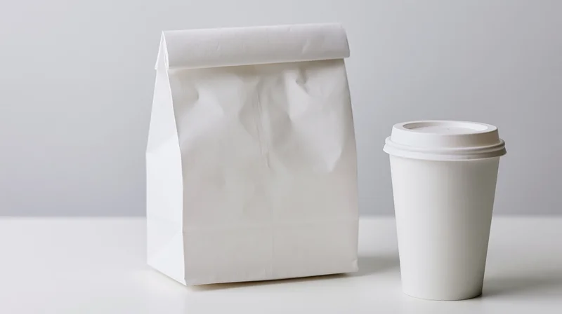 White paper takeout bag and coffee cup on a plain surface