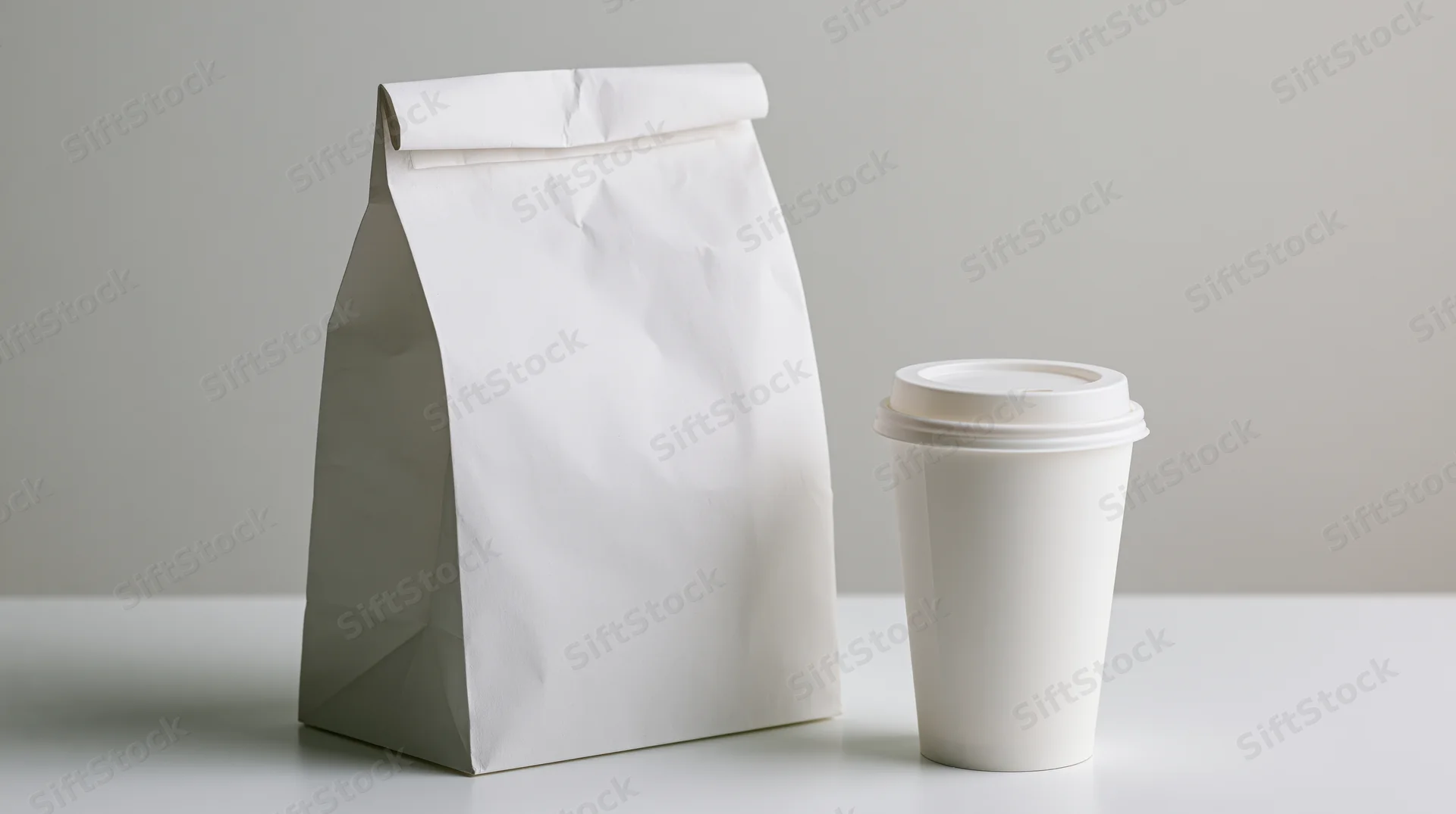 White paper takeout bag and coffee cup on a plain surface