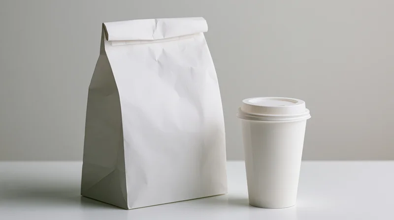 White paper takeout bag and coffee cup on a plain surface