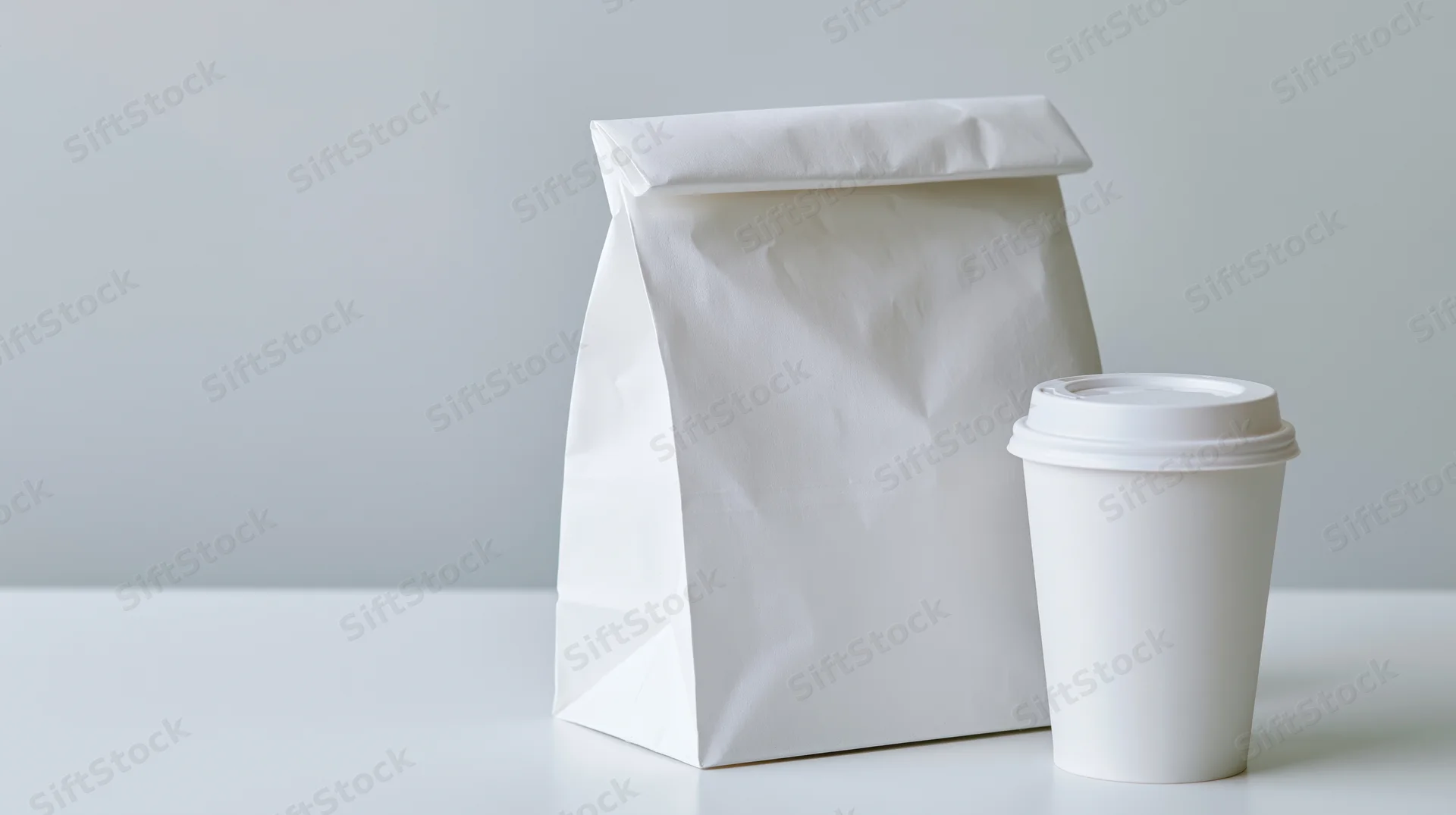 White paper takeout bag and disposable coffee cup on a plain surface