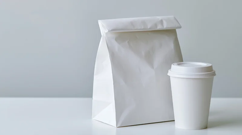 White paper takeout bag and disposable coffee cup on a plain surface