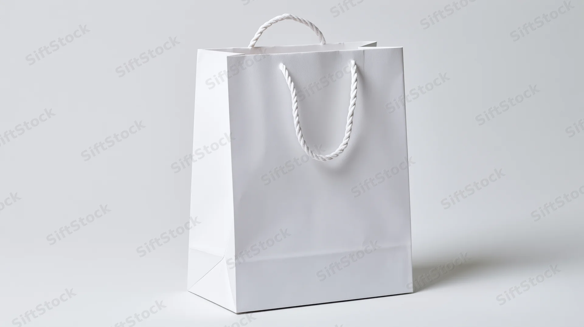 Plain white paper shopping bag with twisted rope handle on white background