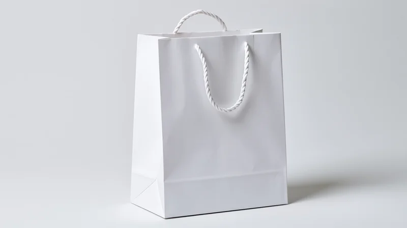 Plain white paper shopping bag with twisted rope handle on white background