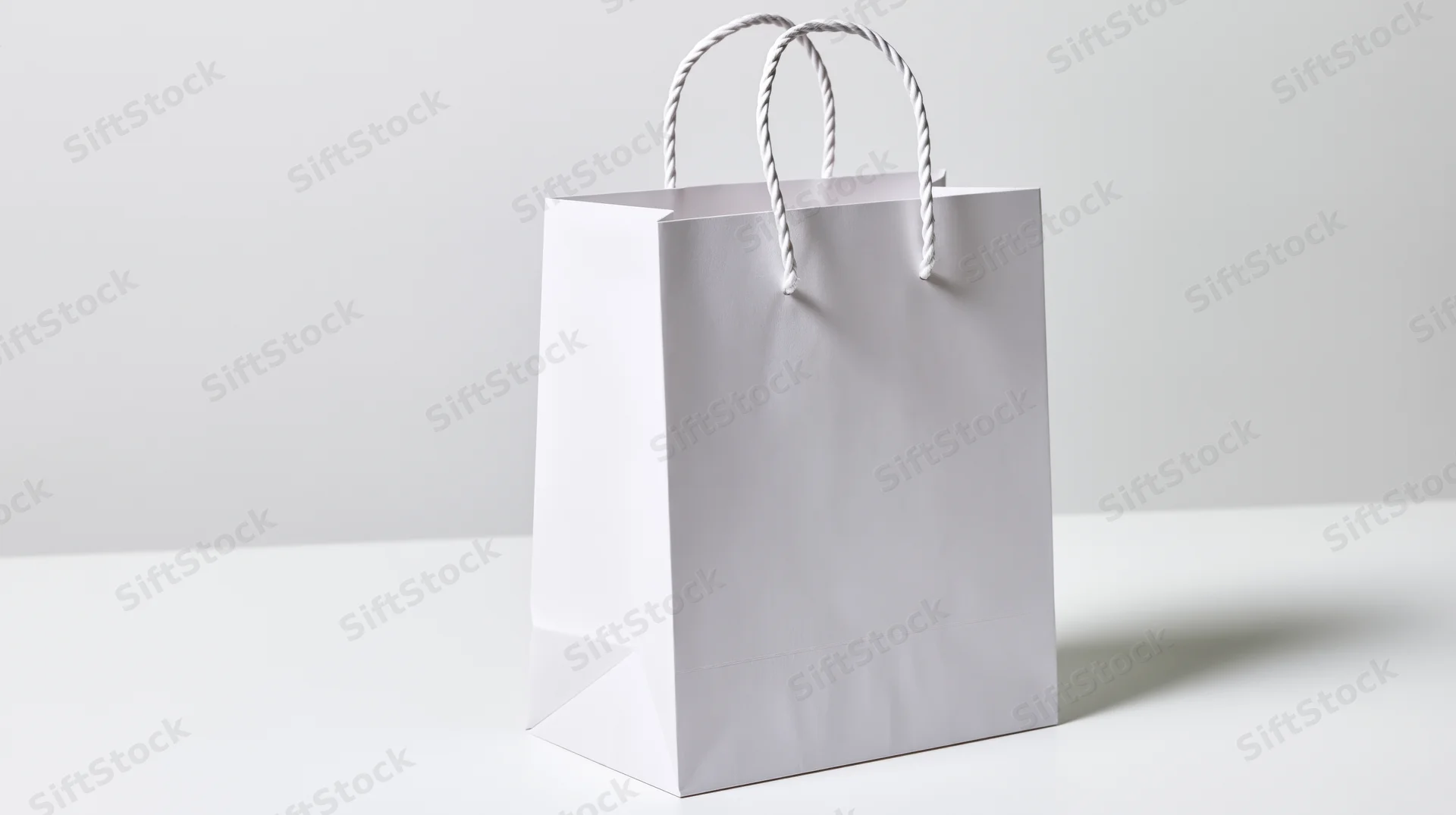 White paper shopping bag with twisted rope handle on plain surface
