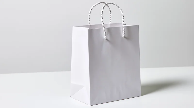 White paper shopping bag with twisted rope handle on plain surface