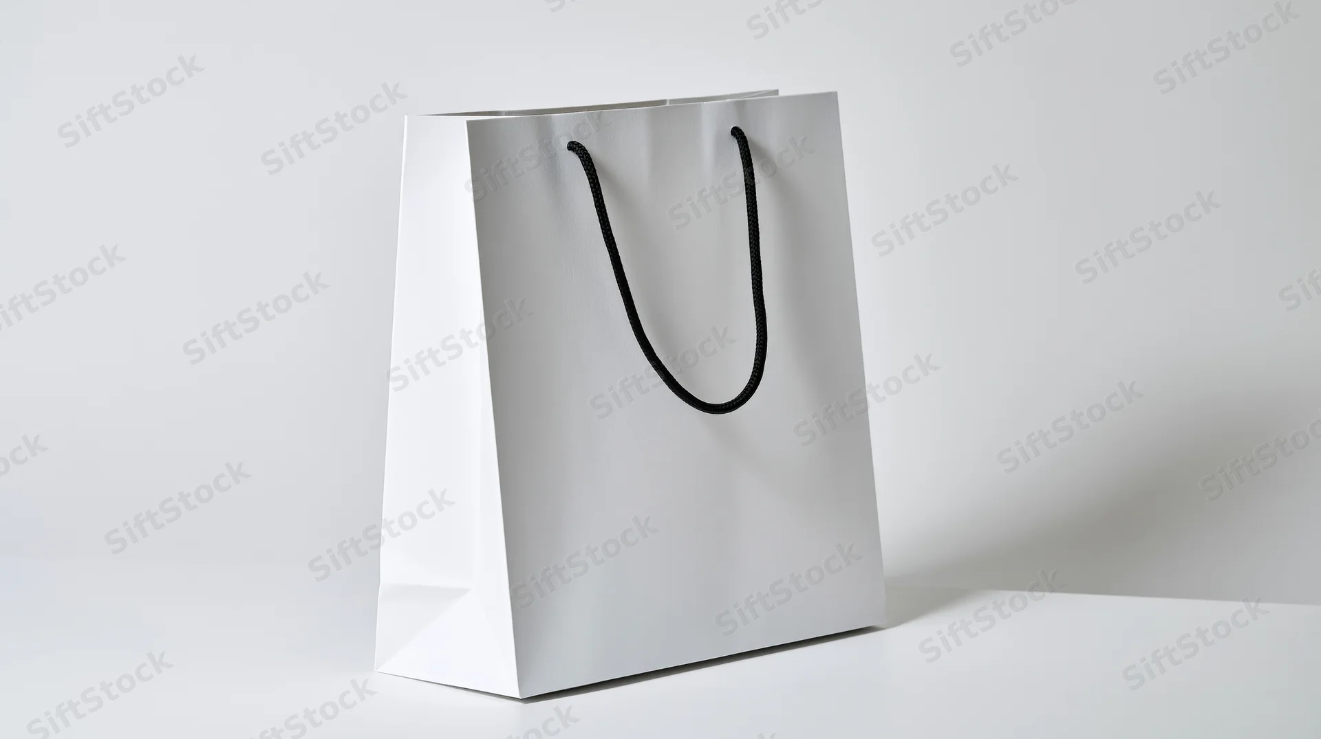White paper shopping bag with black rope handles on plain white surface