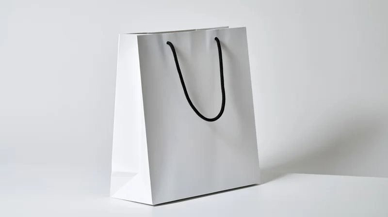White paper shopping bag with black rope handles on plain white surface