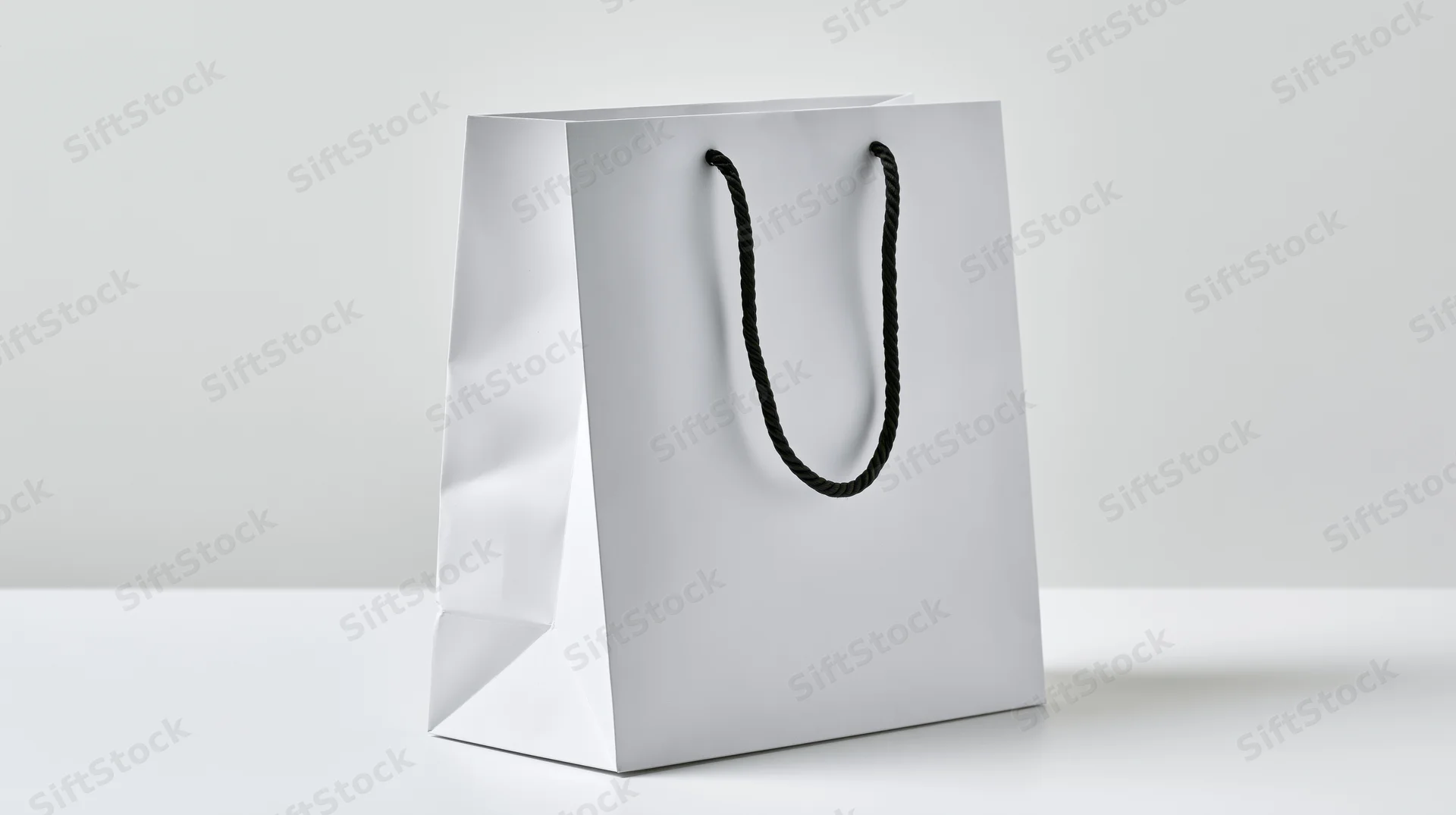 White paper shopping bag with black rope handles standing on a plain white surface