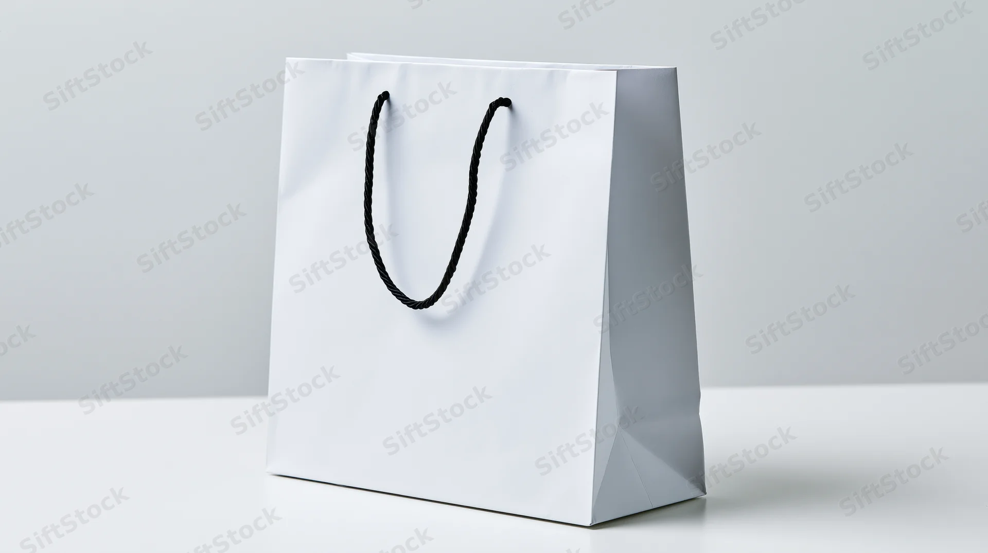 White paper shopping bag with black rope handles standing on a plain surface