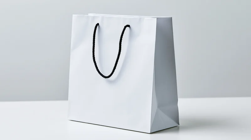 White paper shopping bag with black rope handles standing on a plain surface