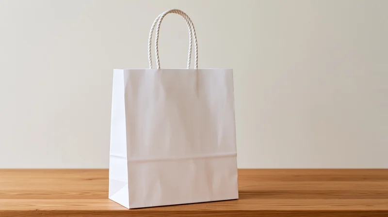 White paper shopping bag with twisted rope handles on wooden table