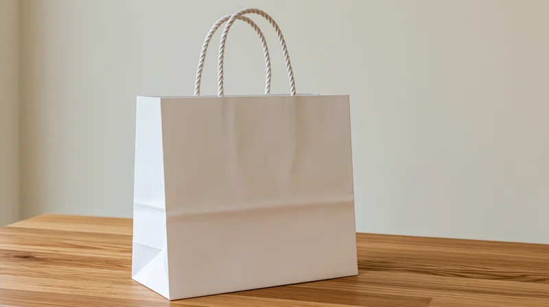 White paper shopping bag with twisted rope handles on wooden table