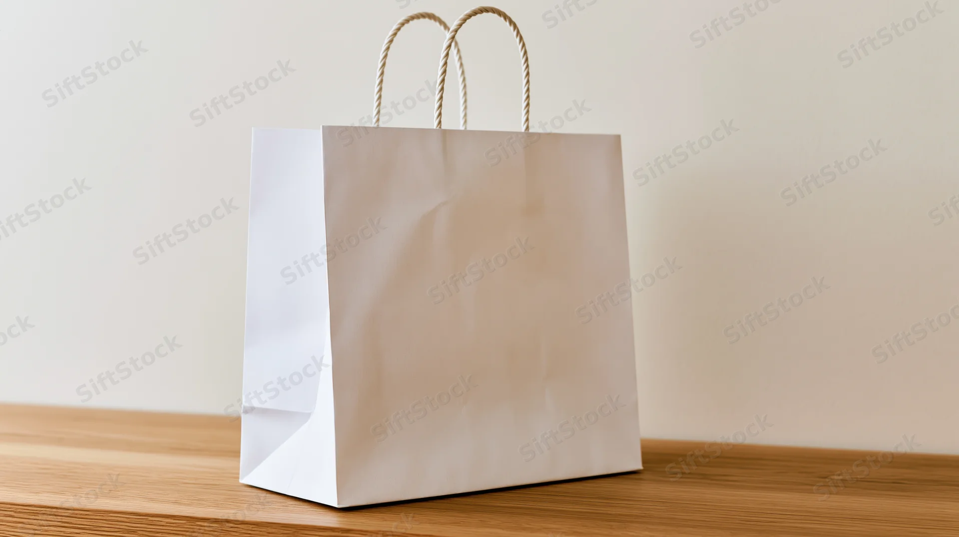 White paper shopping bag with twisted rope handles on wooden table