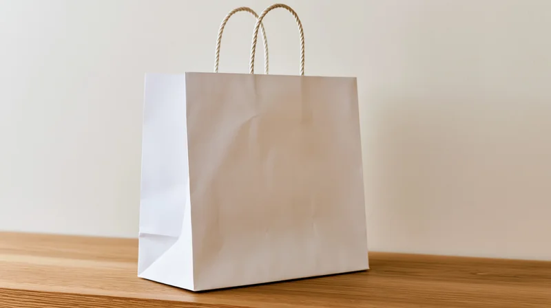 White paper shopping bag with twisted rope handles on wooden table