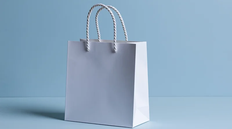 White paper shopping bag with twisted rope handles on blue surface