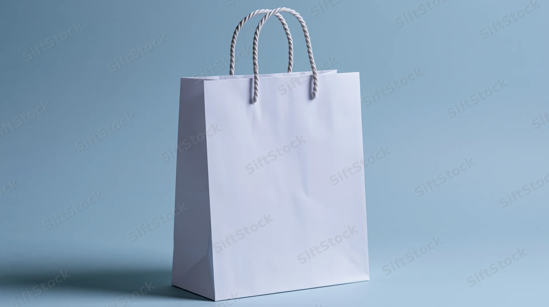Plain white paper shopping bag with twisted rope handles standing on blue background