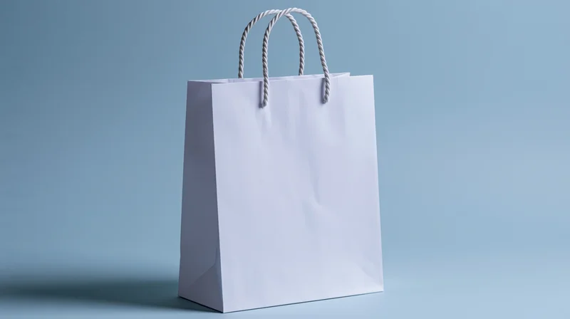Plain white paper shopping bag with twisted rope handles standing on blue background