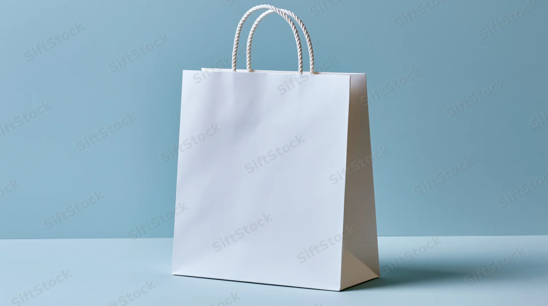 Plain white paper shopping bag with twisted rope handles standing on a light blue surface